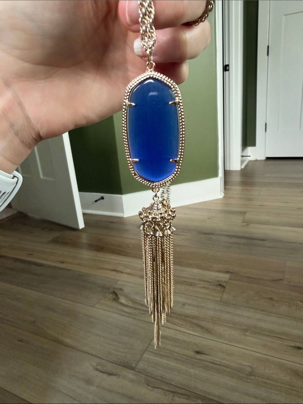 Kendra Scott Rayne Blue Oval Stone Gold Tassel Pendant Necklace